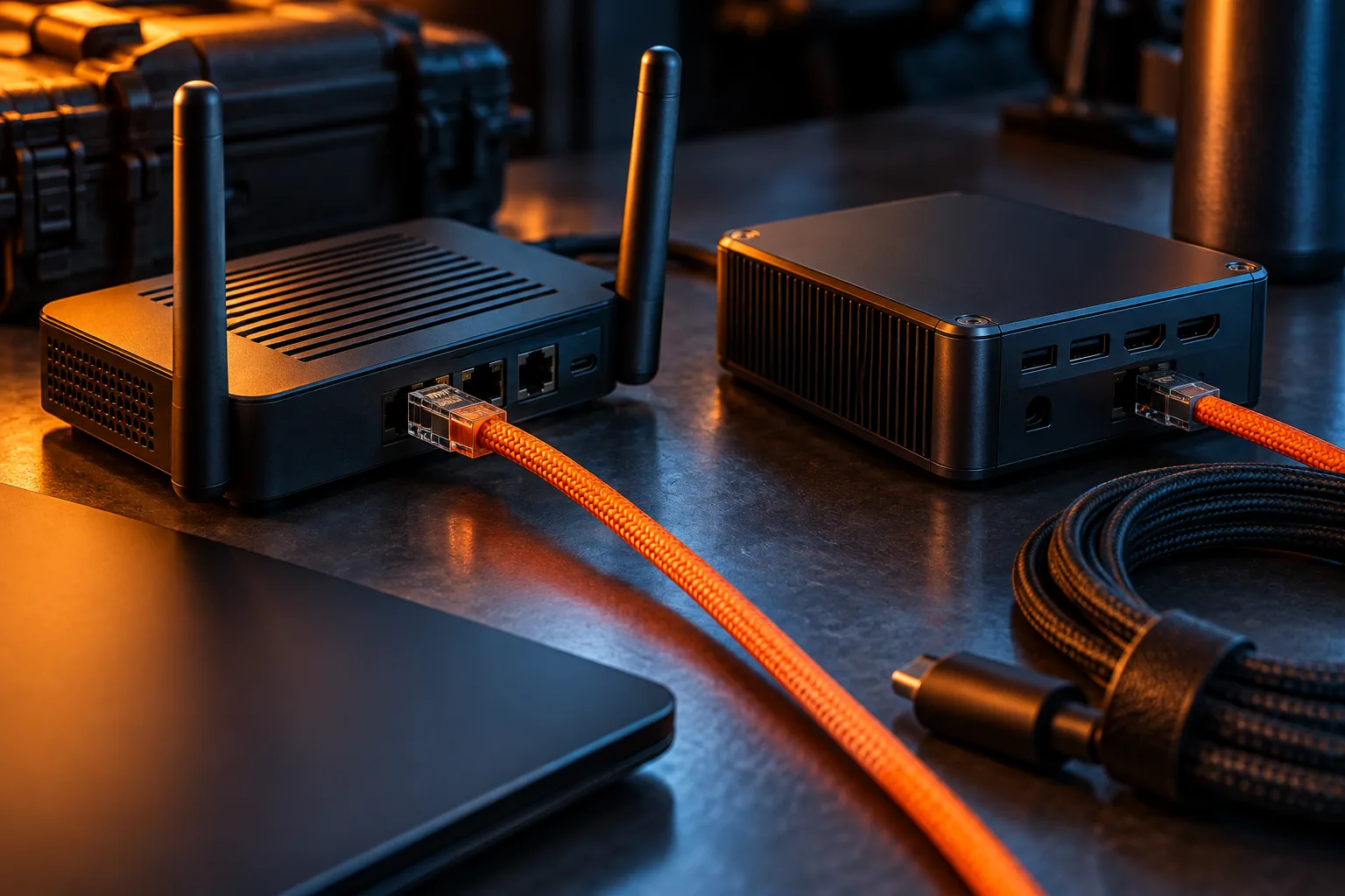 Editorial illustration of a connected desk and networking hardware